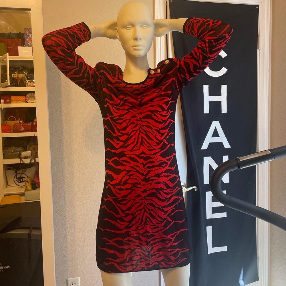❤️TRADED❤️Balmain zebra red black gold L button mini dress long sleeve 44 France - Picture 2 of 16
